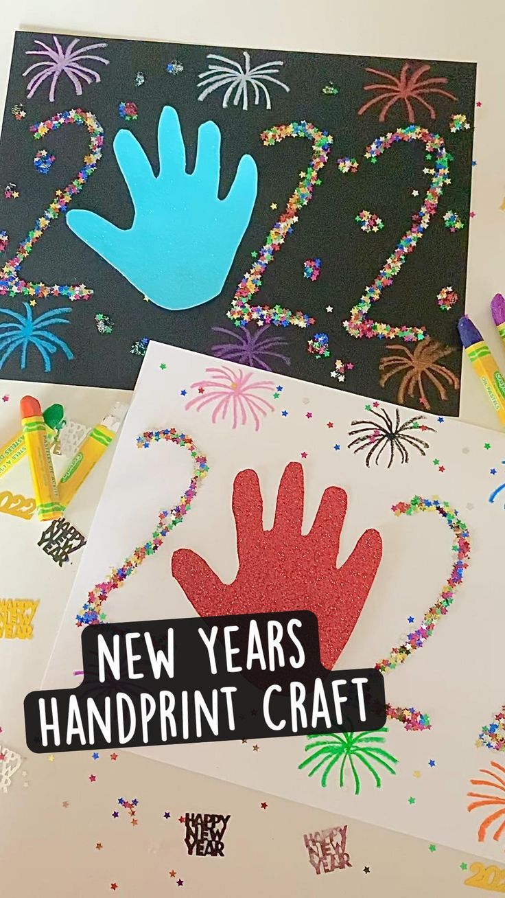 new year's handprint craft made with colored crayons and construction paper