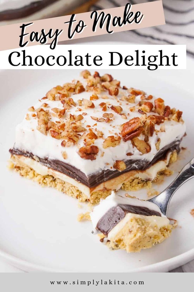 easy to make chocolate delight dessert on a white plate with a fork and text overlay that says easy to make chocolate delight