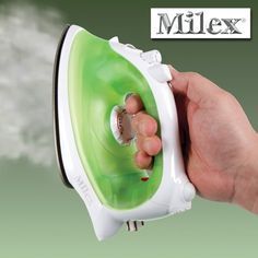 a hand holding an electric iron in front of a green background with the word milex on it