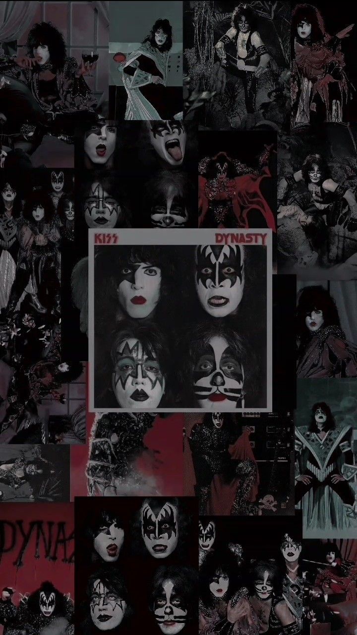 the kiss band collaged together in black and white, with images of their faces