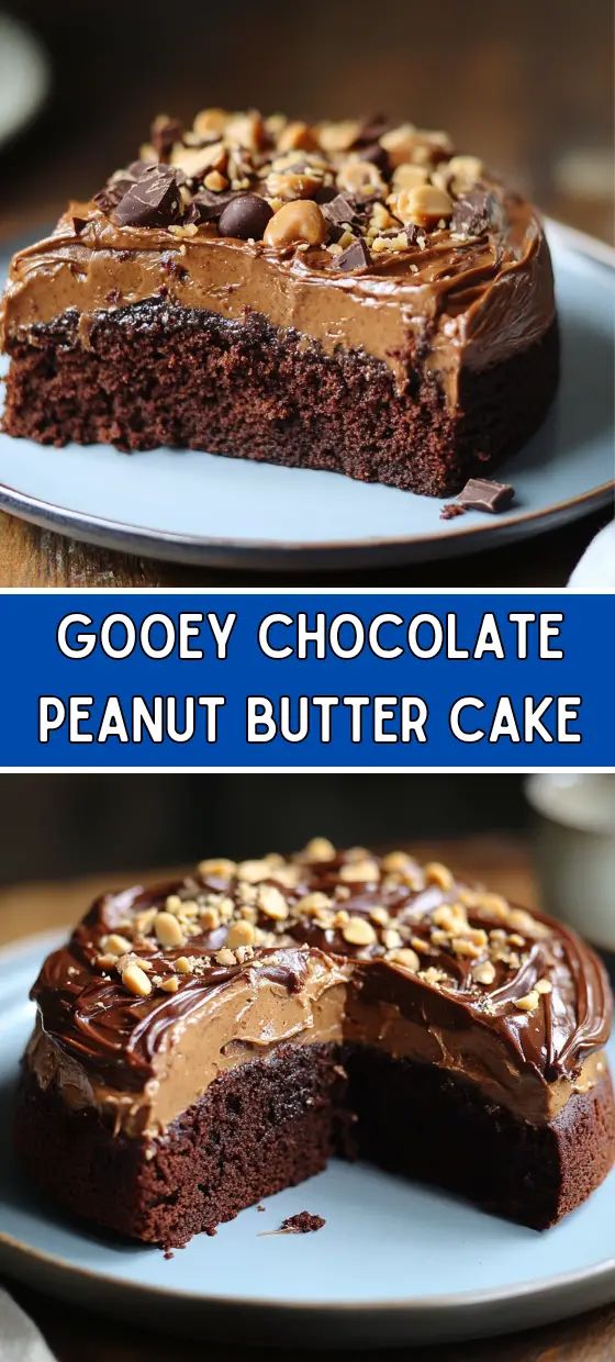 two pictures of a chocolate peanut butter cake