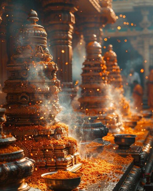 many pots and bowls filled with food on top of a table next to each other