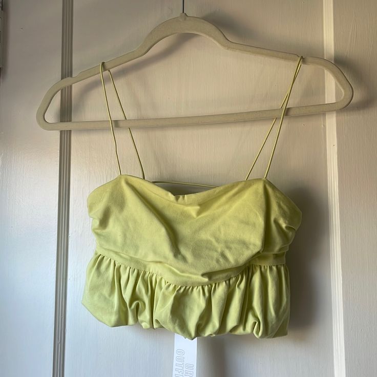 Bright Yellow Color, Stretchy Fit And Straps Green Tops With Built-in Bra For Spring, Green Crop Top For Spring Brunch, Green Spring Crop Top For Brunch, Spring Tank Top For Night Out, Spring Green Crop Top For Brunch, Summer Cotton Crop Top For Night Out, Green Fitted Crop Top For Brunch, Fitted Cami Crop Top By Urban Outfitters, Urban Outfitters Fitted Cami Crop Top