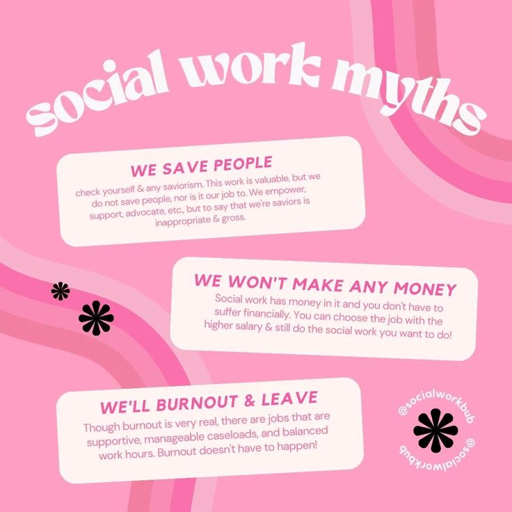 a pink poster with black and white text that says, social work mythss