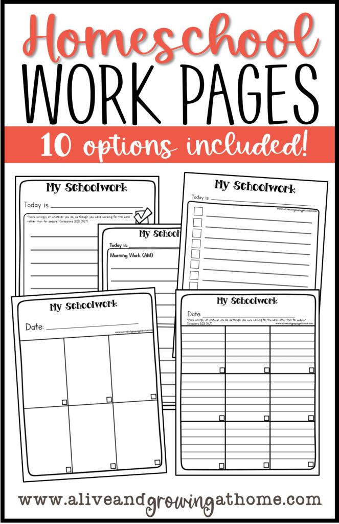 homeschool work pages with the text, 10 options included