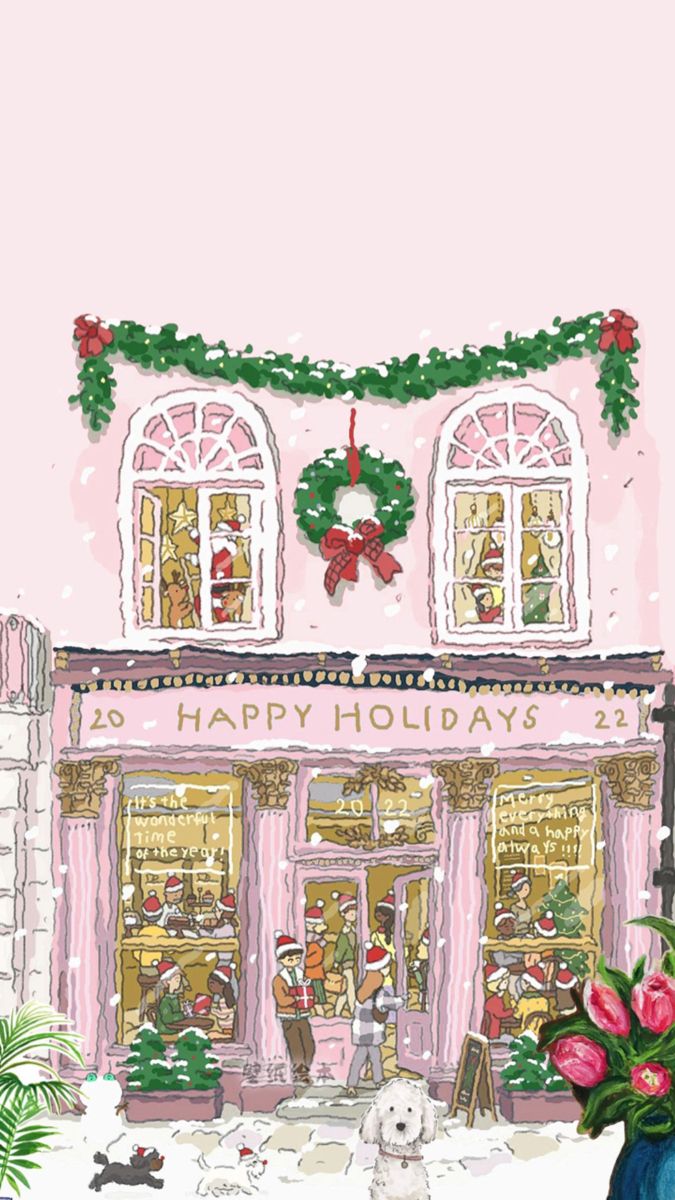 a drawing of a store front decorated for christmas