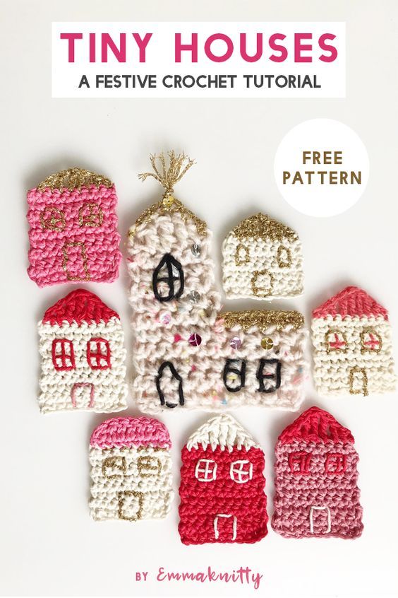 tiny houses crochet pattern with text overlay that reads tiny houses a festive crochet tutorial free pattern