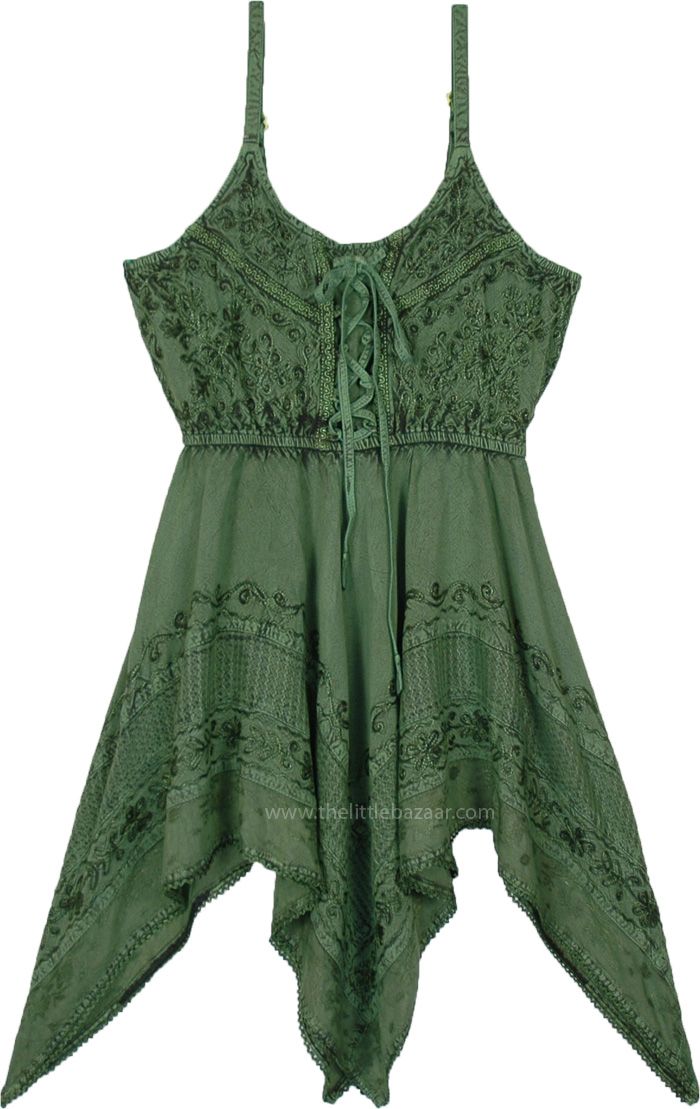 Green is pervasive in the natural environment and is associated with growth, health, healing, grounding, fertility, and freshness.  This intricately embroidered sleeveless dress evokes the vintage 70s gothic aesthetic. #tlb #Embroidered #bohemianfashion #greenfairyshortdress #corsetdress #gothicdress #westerndress Green Boho Dress Embroidered, Short Dress Corset, Fairy Short Dress, Green Bohemian Mini Dress For Festival, Green Bohemian Mini Dress With Spaghetti Straps, Green Bohemian Flowy Mini Skirt, Green Knee-length Bohemian Mini Dress, Dress Western, Aesthetic Styles