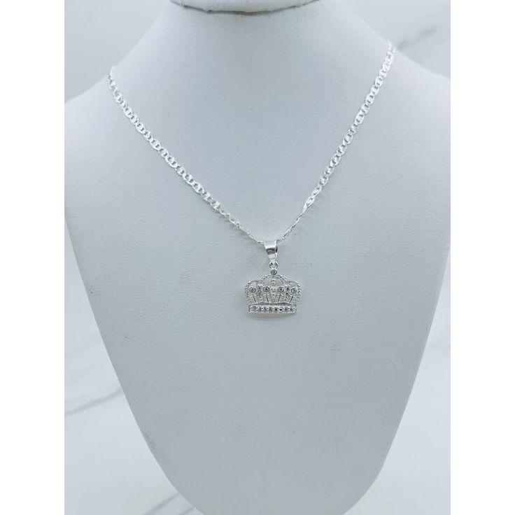 925 Sterling Silver Necklace And Crown Necklace Is 18” Long And 2.5mm Wide (Also Available In 20”) Small Crown Pendant With White Cubic Zirconia Pictures Zoomed To Show Detail Of Chain New Jewelry Cadena De Plata Y Dije Corona Cadena Disponible En 18 O 20 Pulgadas De Larga Y 2.5 Milmetros De Ancha Dije Con Piedra Blanca 17 Milmetros Fotografas Estn Ampliadas Para Mostrar El Detalle De La Prenda Sku 72872 Personalized Silver Cubic Zirconia Necklace, Classic Silver Necklace Stamped 925, Classic Silver Sterling Silver Charm Necklaces, Classic White Gold Necklace Stamped 925, Classic Sterling Silver Charm Necklace For Anniversary, Classic Silver Hallmarked Charm Necklaces, Classic Hallmarked Silver Charm Necklaces, Personalized Silver Cubic Zirconia Charm Necklaces, Silver Charm Necklaces Stamped 925 For Anniversary