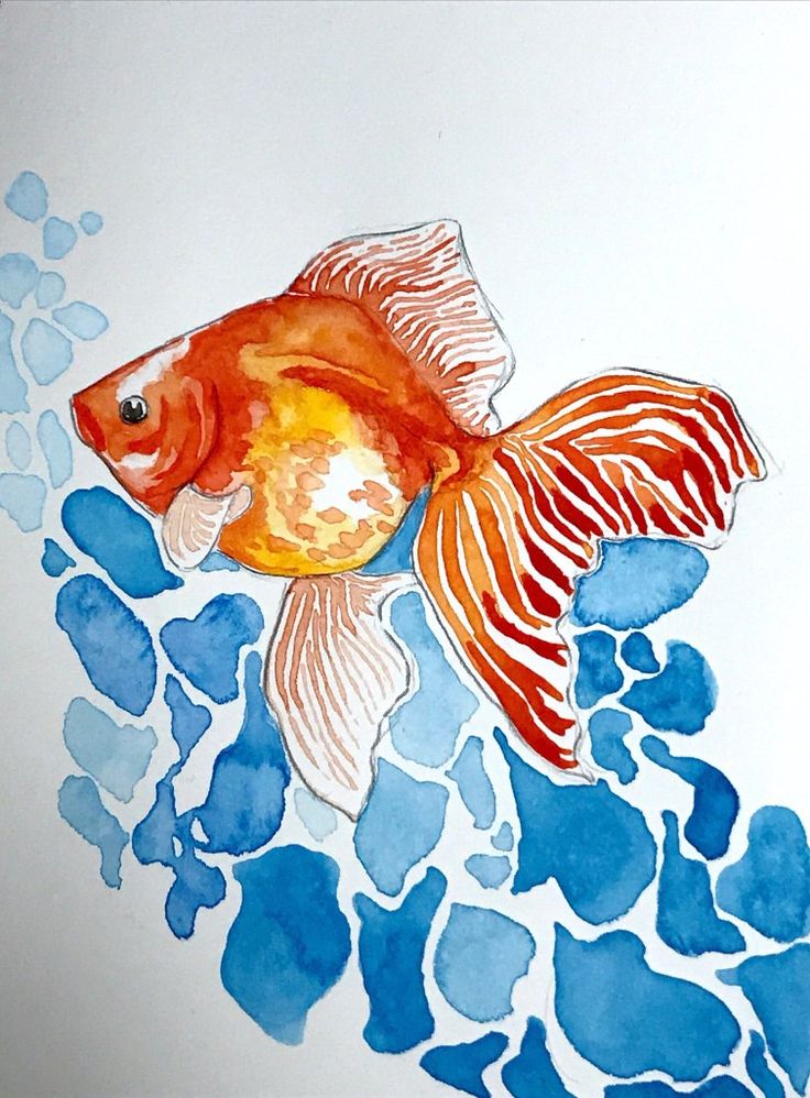 a painting of a goldfish in blue water