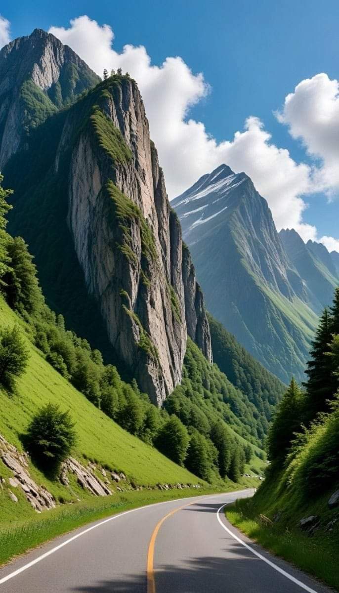 an empty road in the mountains with green grass and trees on both sides, surrounded by tall mountain peaks