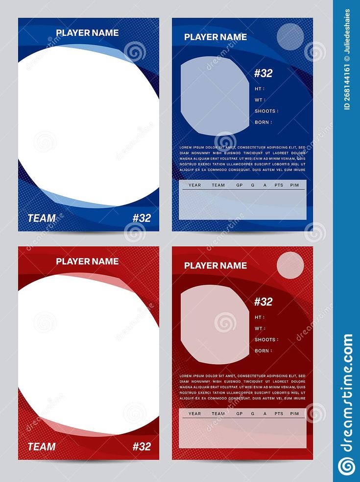 a set of four business cards with rounded shapes in red, white and blue colors