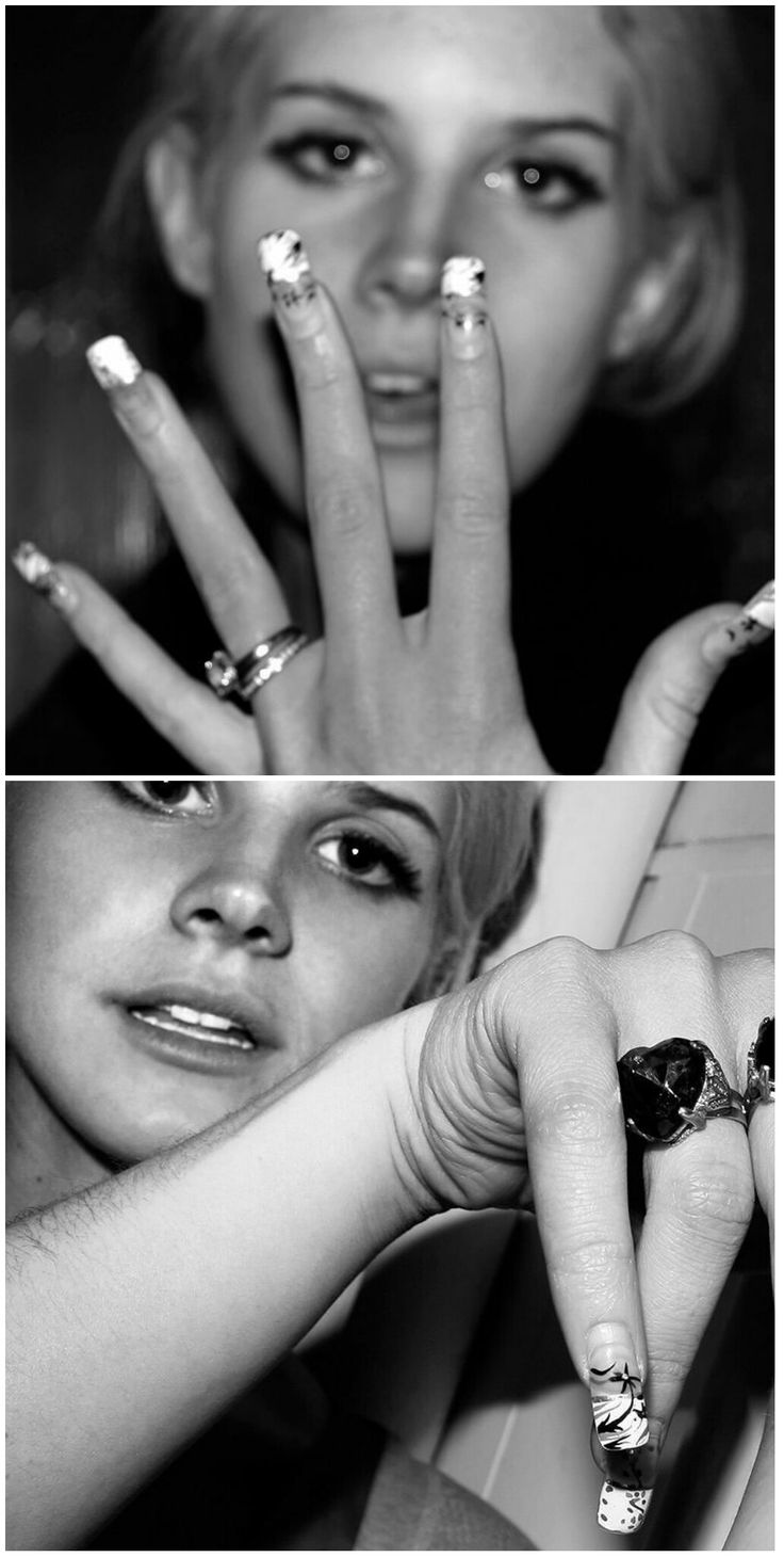 two pictures of a woman with different nail designs on her hands and one in black and white