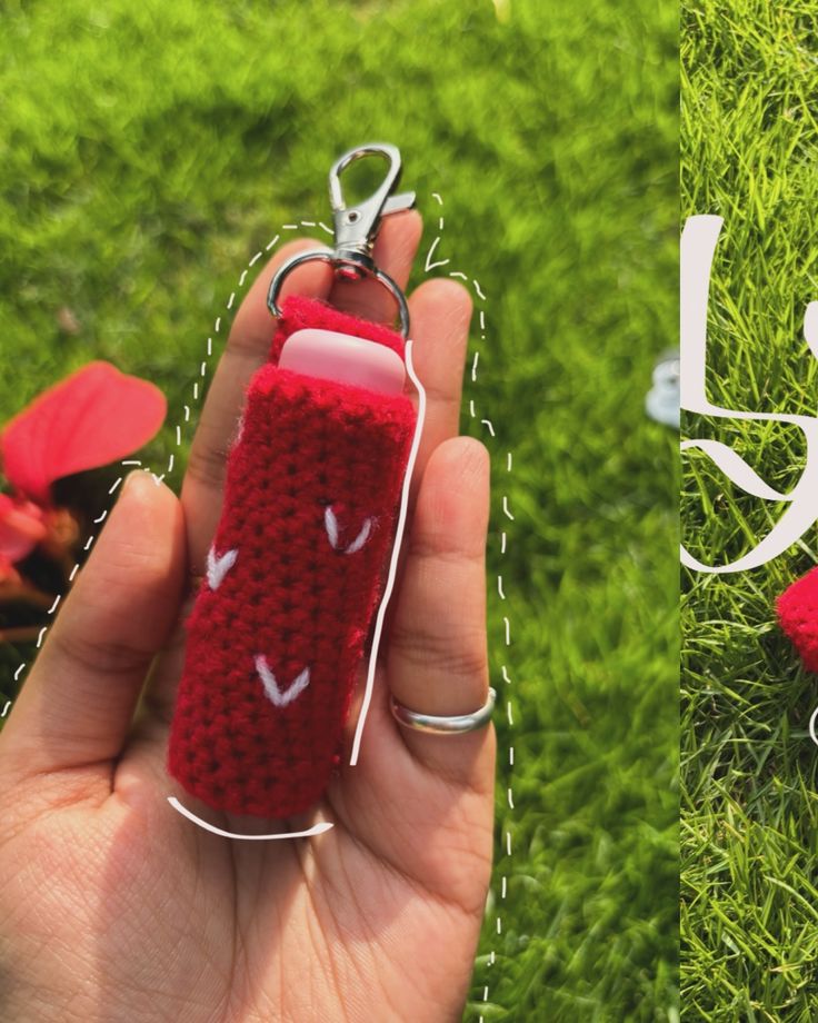 a crocheted keychain with a red object in the shape of a bottle