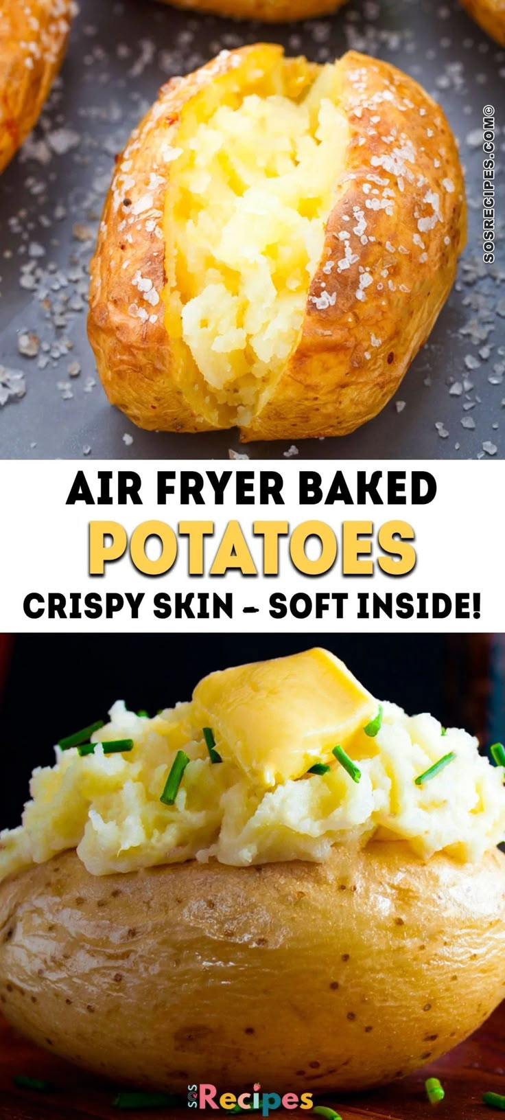 baked potatoes with butter on top and the words air fryer baked potatoes crispy skin soft inside