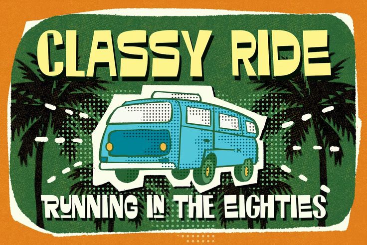 an advertisement for the classy ride running in the eighteens, featuring a blue bus and palm trees