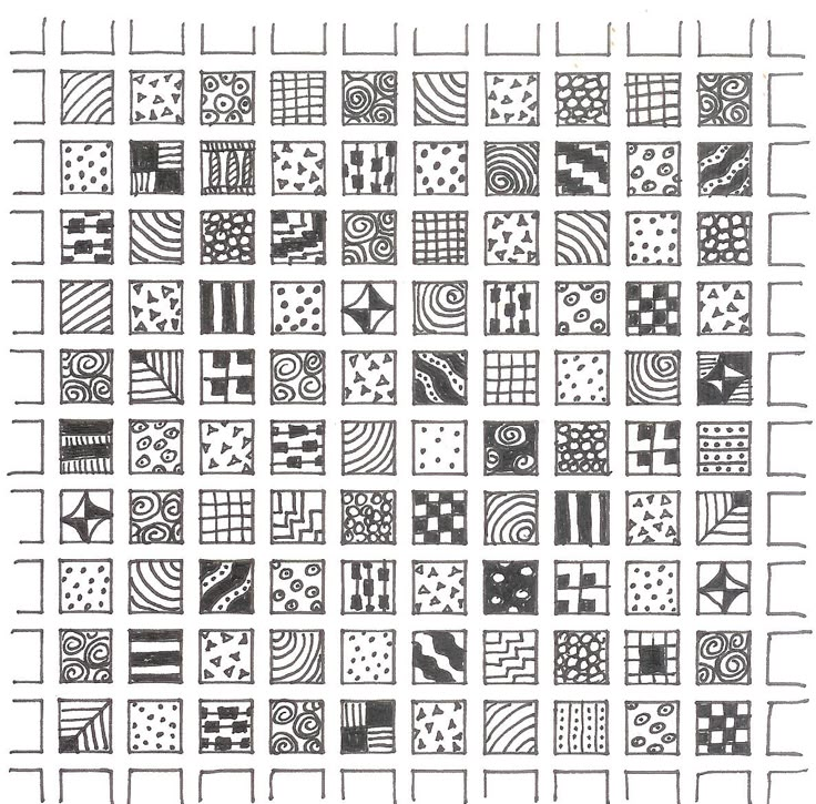 a black and white drawing of squares with different patterns on them, all in one square