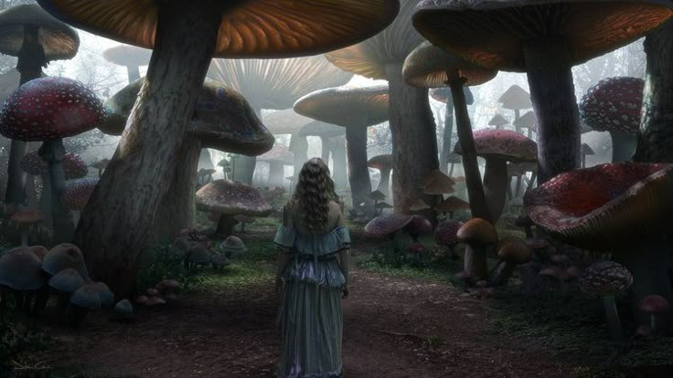 a woman standing in the middle of a forest filled with lots of mushroom covered trees