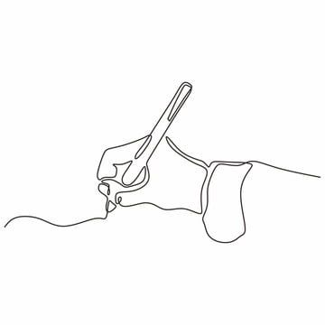 a drawing of a hand holding a pen and writing on paper with the tip of it