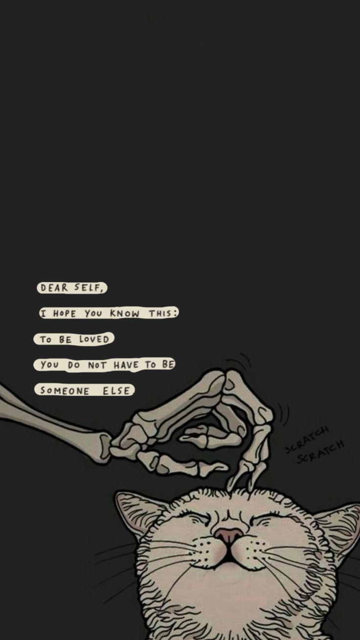 a drawing of a cat that is looking at a bone in its mouth with words above it