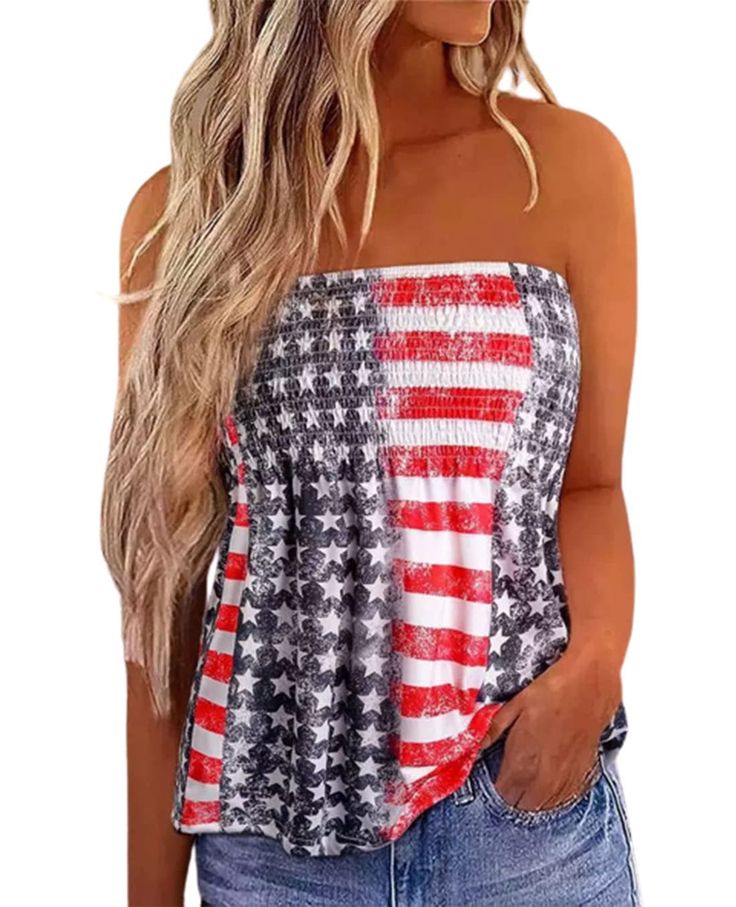 PRICES MAY VARY. Material: Cotton Blend,Soft and Comfortable to Wear Features: American Flag Smocked Strapless Bandeau Tank Top for Women,USA Flag Graphic Print Bandeau Tank,Summer Casual Loose Holiday Tank Tops Shirt Blouse Occasion: Daily Life, School, Beach, Party, Office, Casual, Home, Street, Vacation, Festival Gift. Best Gifts for Mother, Wife, Aunt, Grandmother or yourself. Good Choice To Match With Your Favorite Skinny Jeans Shorts Leggings or Boots,and so on.Suggest To Hand/Machine Wash Strapless Tank Top, American Flag Fashion, Smocked Tube Top, Independent Day, July Outfits, Bandeau Tops, Strapless Bustier, Strapless Bandeau, 4th Of July Outfits