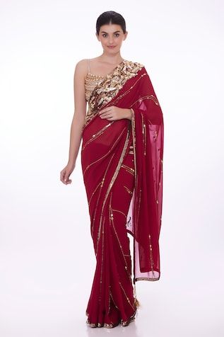 Ruby pink saree with all over stripe pattern, contrast mirror, cut dana hand embroidery, floral applique, pearl, crystal and stone work border. Comes with petticoat. - Aza Fashions Saree Women, Floral Mirror, Saree For Women, Embroidery Floral, Pearl Crystal, Stone Work, Pink Saree, Floral Applique, Petticoat