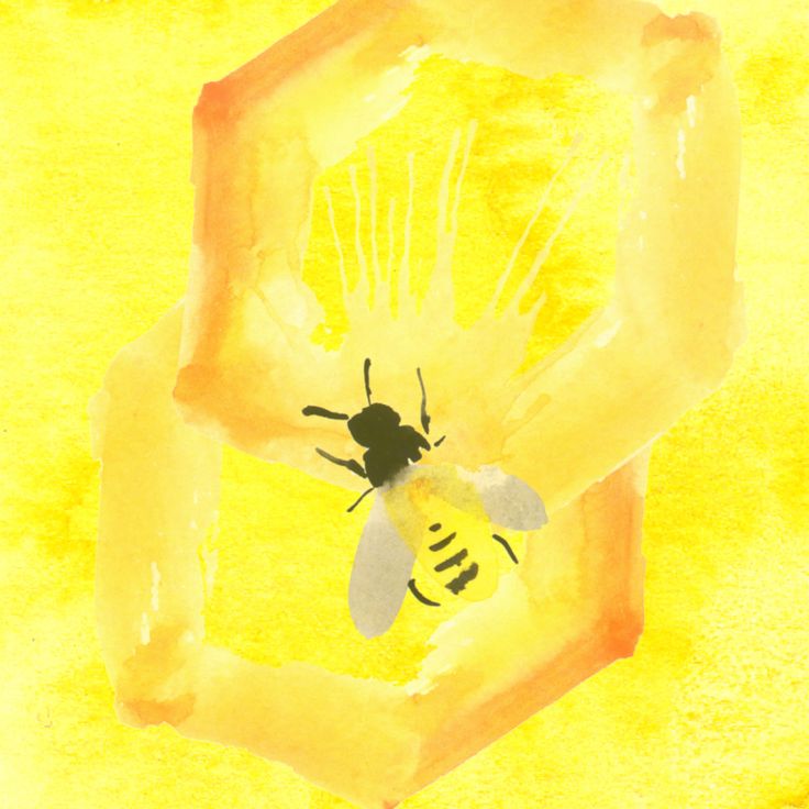 a painting of a bee on top of a honeycomb with watercolors in the background