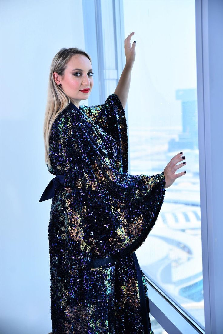 wide sleeves kimono robe Blue Winter Dresses, Dress With Wide Sleeves, Sequin Coats, Sequin Wrap Dress, Copper Dress, Classy Coat, Sequin Kimono, Sequin Evening Gowns, Velvet Wrap Dress