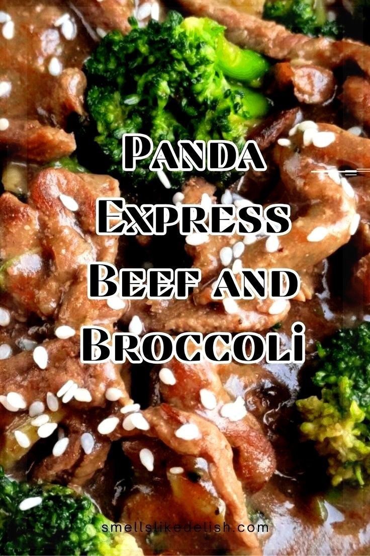 the words panda express beef and broccoli are in front of a plate of food