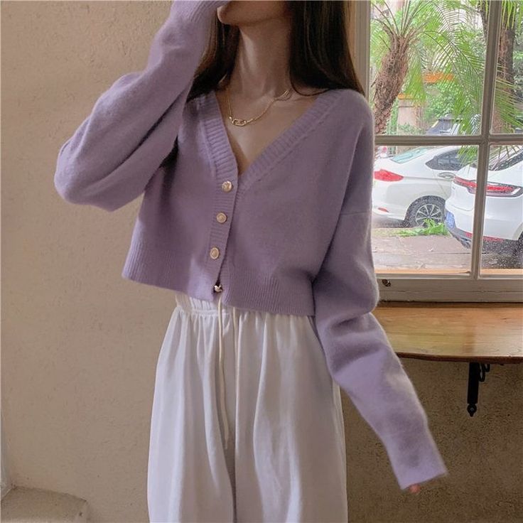 Cardigan Outfits Aesthetic, Purple Cardigan Outfits, Dress And Cardigan Outfit, Cute Cardigan Outfits, Jacket Designs, Purple Cardigan, Purple Outfits, Cute Cardigans, Crochet Jacket