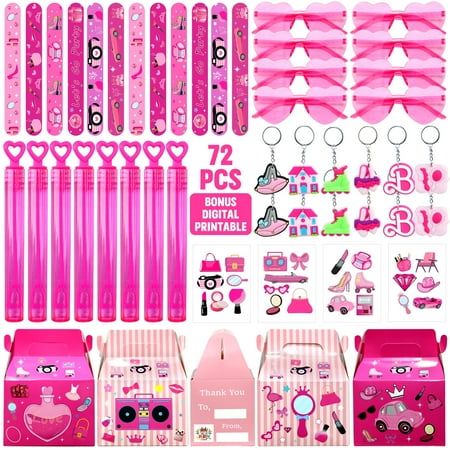 the contents of a pink hello kitty birthday party kit with decorations and accessories for girls