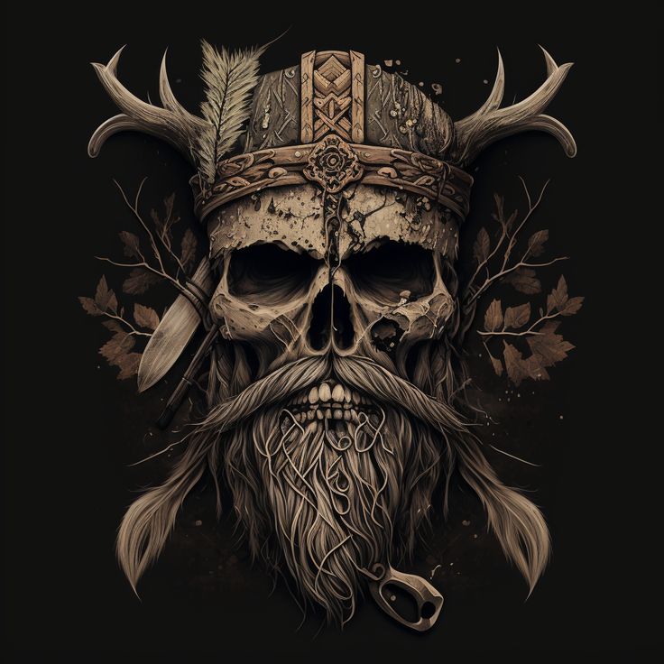 a skull wearing a viking helmet with long horns and a beard on it's head