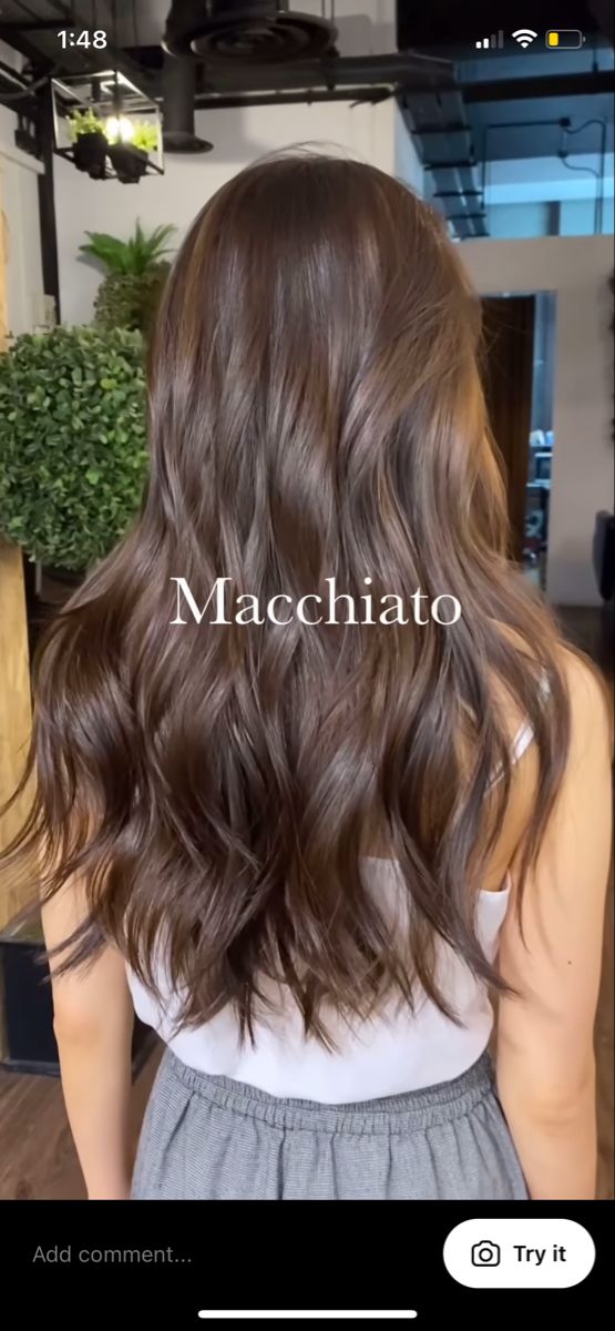 Macchiato Brown Hair Color, New Hair Colour 2023, Full Hair Color Ideas For Black Hair, Full Color Hair Ideas Brown, Full Hair Color Ideas Dark Brown, Full Brown Hair Colour, Macchiato Brown Hair, Coffee Hair Colour, Cappucino Brown Hair