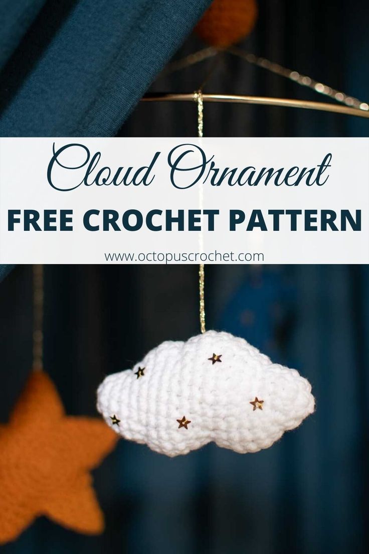 crochet cloud ornament hanging from the ceiling with text overlay that says cloud ornament free crochet pattern