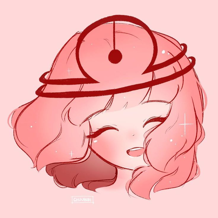 a drawing of a girl with pink hair wearing a red hat and stars on her head