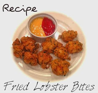 fried lobster bites on a plate with ketchup and mustard