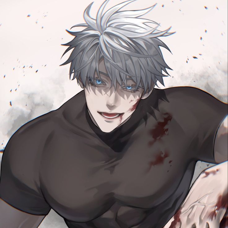 an anime character with white hair and blue eyes, wearing black clothes in front of clouds