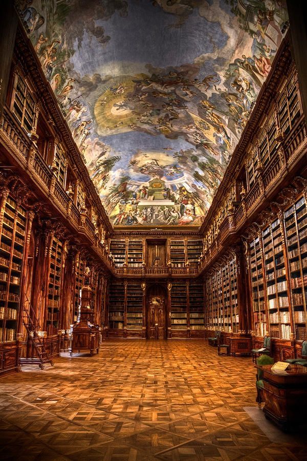 a large library with many bookshelves and paintings on the ceiling