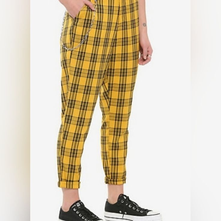 Ankle Length Yellow Plaid Pants With Detachable Chain Hottopic Branded Newwithtags Size Large Juniors Has Button And Clasp And Zipper Has Pockets In Front Price Is Firm Casual Yellow Ankle-length Bottoms, Casual Yellow Ankle-length Pants, Trendy Yellow Pants With Pockets, Trendy Yellow Straight Leg Pants, Casual Mustard Bottoms For Work, Yellow Ankle-length Pants With Pockets, Ankle-length Yellow Pants With Pockets, Mustard High-waisted Casual Pants, Trendy Yellow Bottoms With Pockets