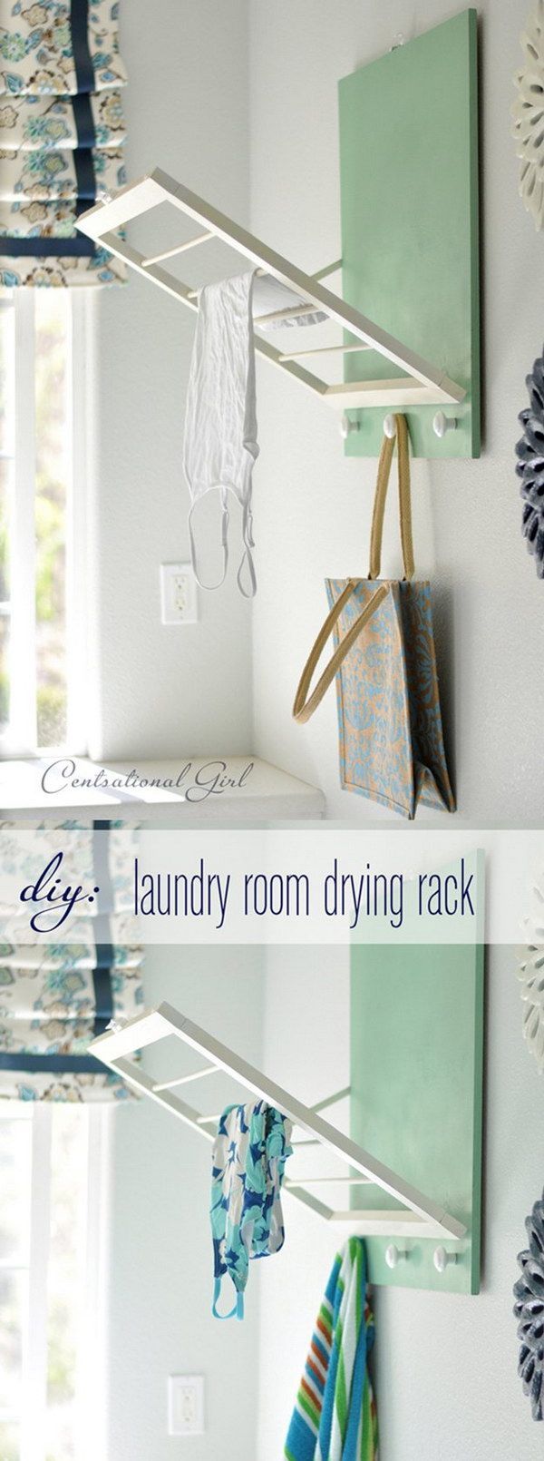 two pictures of laundry room drying racks with towels hanging on them and the words laundry room drying rack below