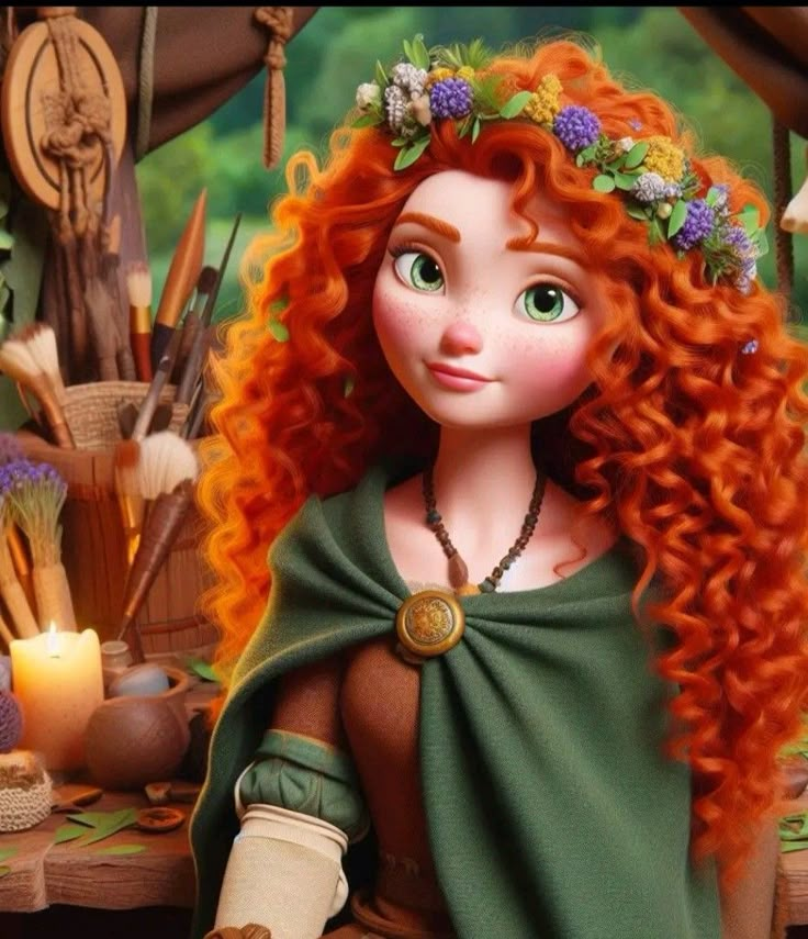 a red haired girl with long hair wearing a green cape and holding a candle in her hand