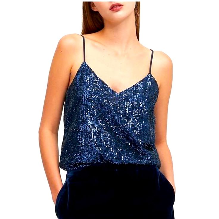 All Over Sequin Camisole Adjustable Straps Matches With Blue Sequin Skirt Blue Sleeveless Tank Top For Party, Blue Camisole Top For Party, Blue Party Camisole Top, Blue Camisole Tank Top For Party, Blue Tank Top For Summer Parties, Elegant Blue Tank Top For Spring, Elegant Blue Spring Tank Top, Blue Tank Tops For Night Out, Glamorous Blue Tops For Spring