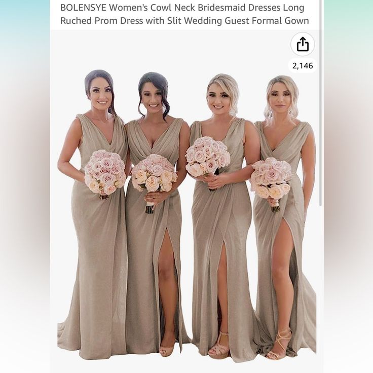 four bridesmaids pose for a photo in front of a crowd at a wedding