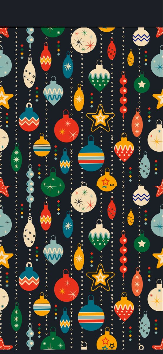 a black background with christmas ornaments and stars on the strings, all in different colors