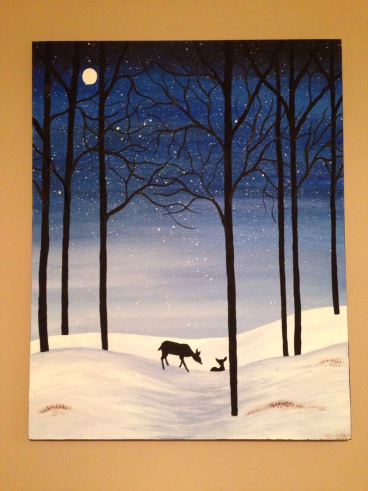 a painting of a deer in the snow with trees and moon behind it, on a wall