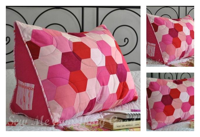 three photos of pink and red pillows on a bed