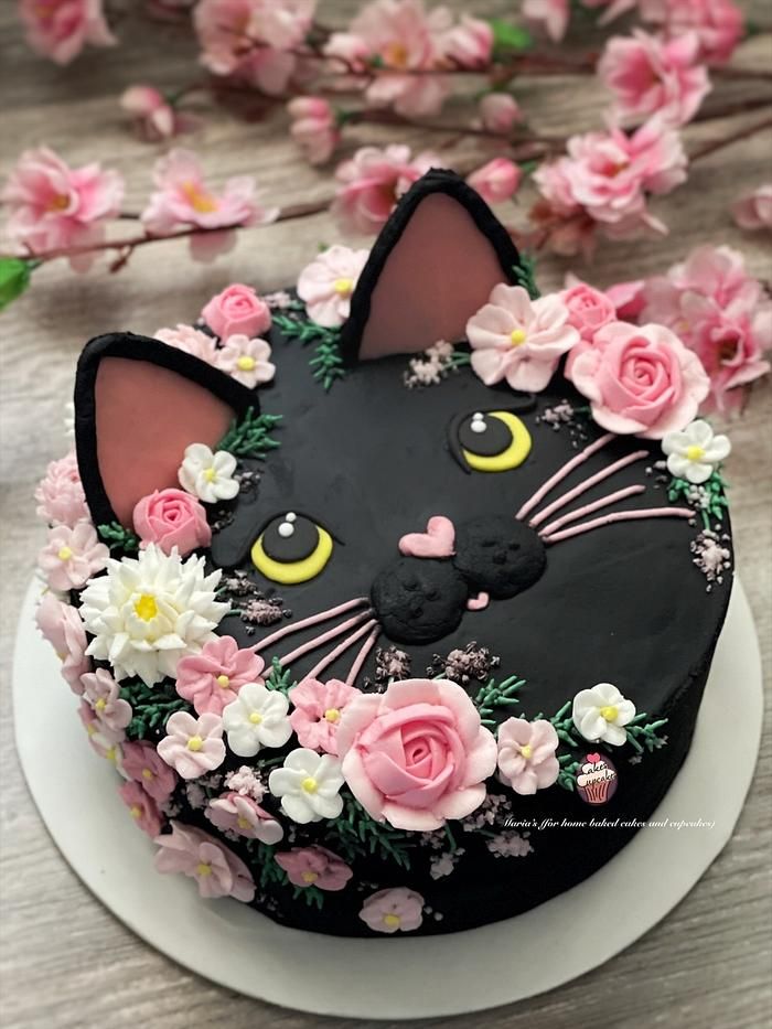 a black cat cake decorated with pink flowers