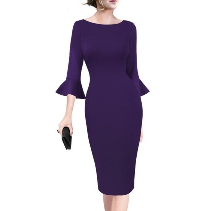 Vfemage Bell Sleeve Bodycon Dress Color: Purple Size: Small New, Never Worn Retail: $38 Purple Stretch Sheath Dress, Purple Stretch Bodycon Dress For Formal Occasions, Elegant Purple Stretch Bodycon Dress, Elegant Stretch Purple Midi Dress, Elegant Purple Stretch Midi Dress, Fitted Purple Midi Dress For Office, Stretch Sheath Dress For Office, Elegant Fitted Purple Bodycon Dress, Purple Fitted Midi Dress For Office