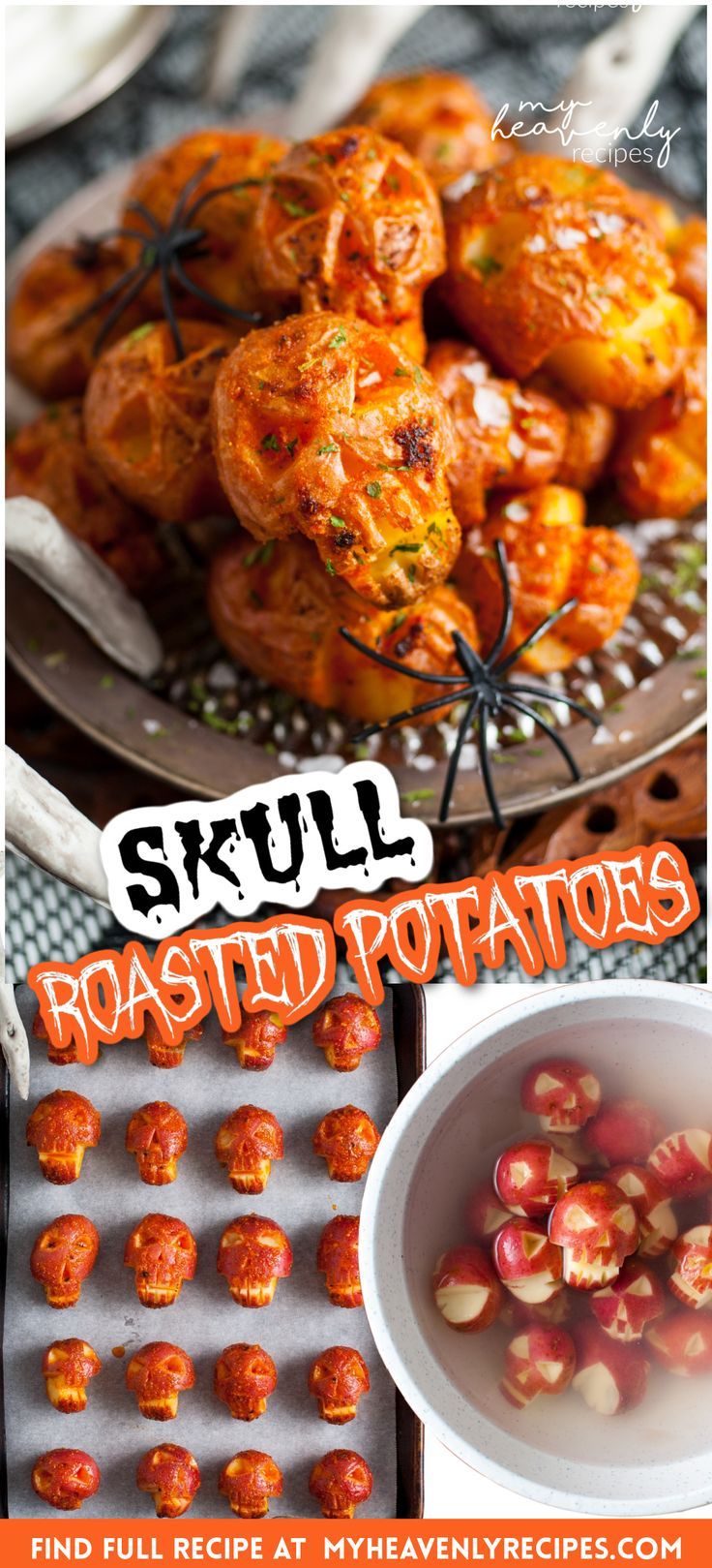 some food is sitting on a plate and in a bowl with the words skull roasted potatoes next to it