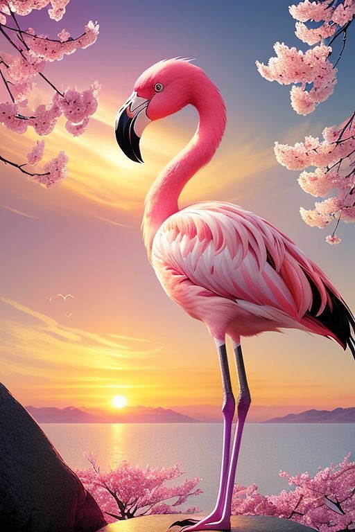 a pink flamingo standing on top of a rock in front of a lake with cherry blossom trees